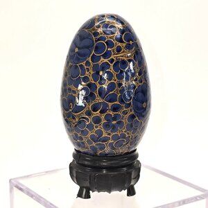 Hand-Painted Floral Wooden Egg Blue and Gold Asian Art With Black Stand je215